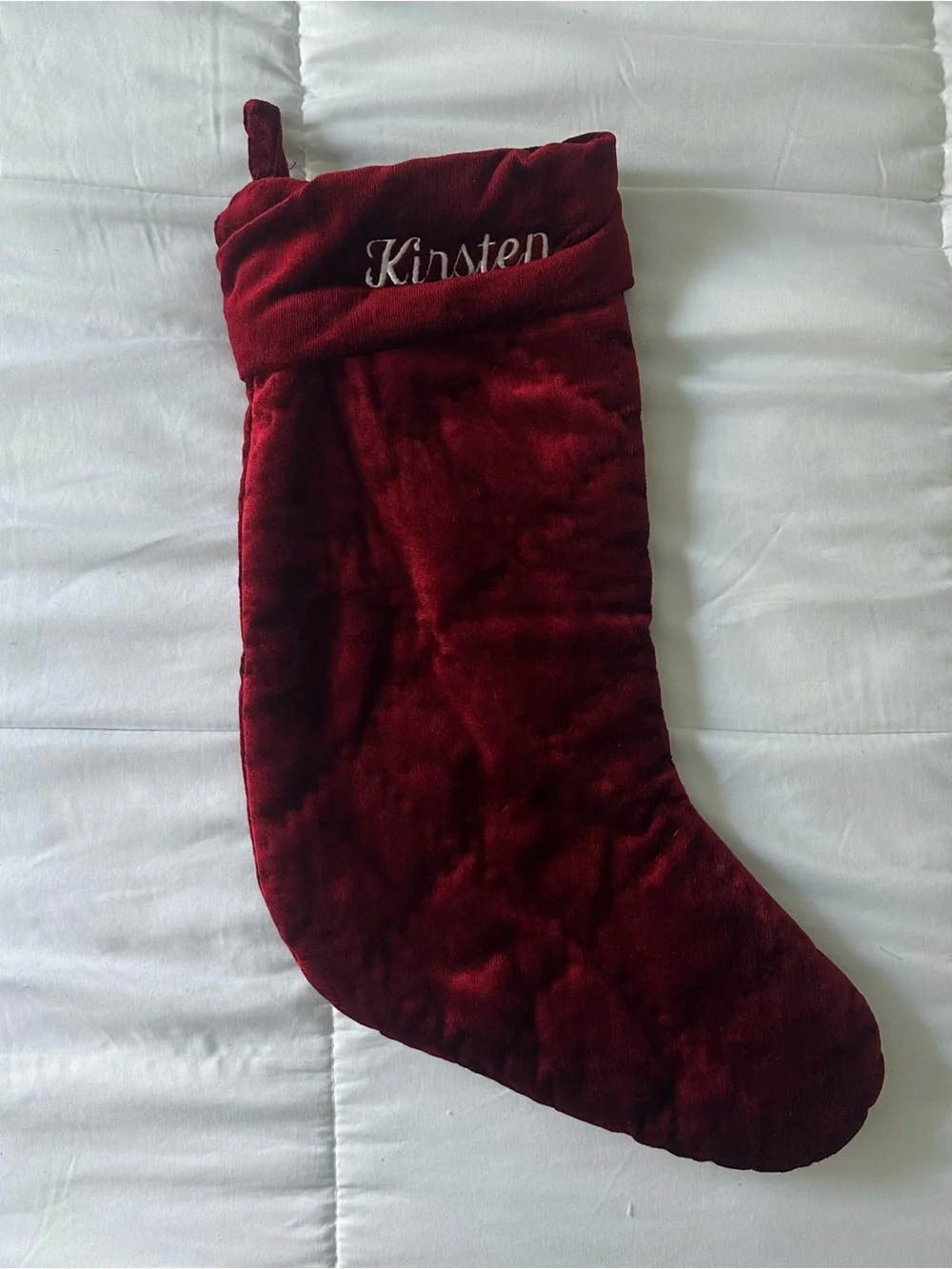 Pottery Barn Velvet Christmas Stocking in Burgundy (Kirsten embroidered)